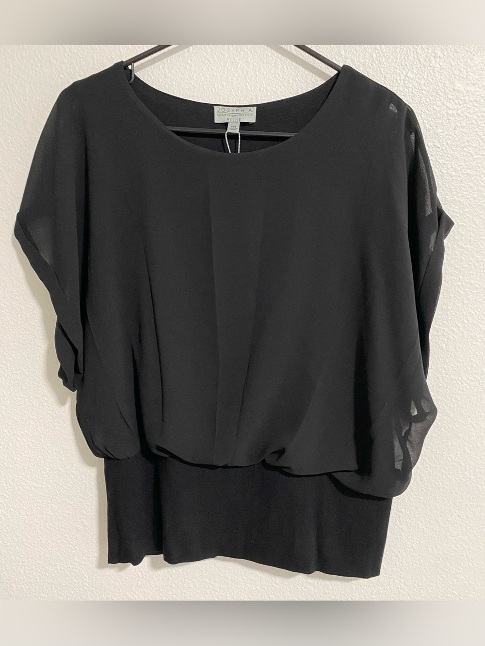 Joseph A Black Layered Silky Chiffon Stretch Dolman Sleeve Top sz PM NWT $58